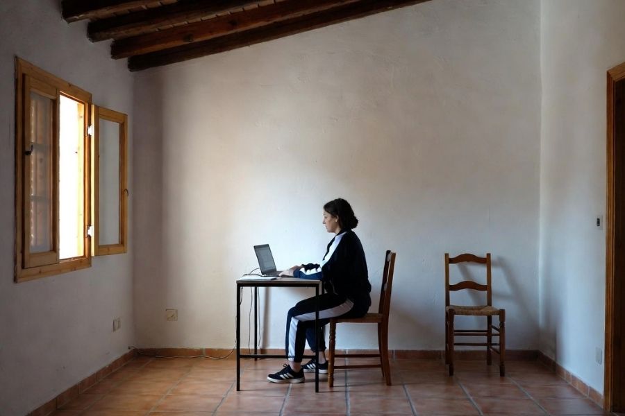 Mujer teletrabajando desde su casa en un entorno rural, sentada frente a un ordenador portátil