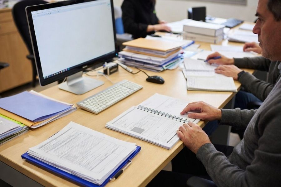 Técnico municipal revisando documentación en un despacho de ayuntamiento durante la planificación de proyectos públicos.