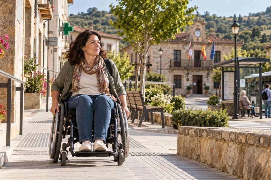 Mujer usuaria de silla de ruedas recorriendo una calle accesible de un pueblo